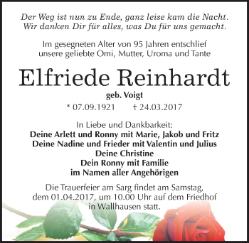 Traueranzeige von Elfriede Reinhardt von Mitteldeutsche Zeitung Sangerhausen