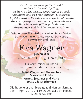 Traueranzeige von Eva Wagner von Mitteldeutsche Zeitung Köthen