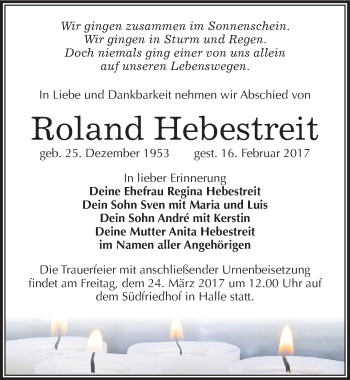 Traueranzeige von Roland Hebestreit von Mitteldeutsche Zeitung Halle/Saalkreis