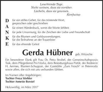 Traueranzeige von Gerda Hübner von WVG - Wochenspiegel Bitterfeld