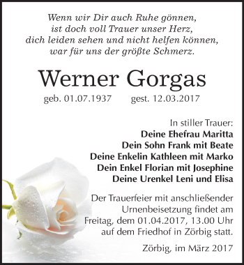 Traueranzeige von Werner Gorgas von Mitteldeutsche Zeitung Bitterfeld