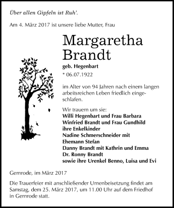 Traueranzeige von Margaretha Brandt von Mitteldeutsche Zeitung Quedlinburg