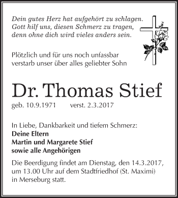 Traueranzeige von Thomas Stief von Super Sonntag Halle