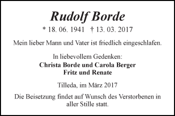 Traueranzeige von Rudolf Borde von Super Sonntag SGH Mansf. Land