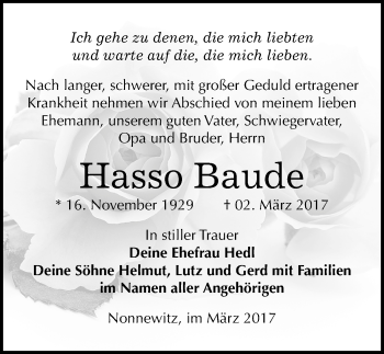 Traueranzeige von Hasso Baude von Mitteldeutsche Zeitung Zeitz