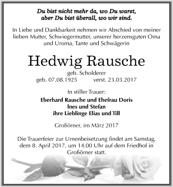 Traueranzeige von Hedwig Rausche von Mitteldeutsche Zeitung Mansfelder Land