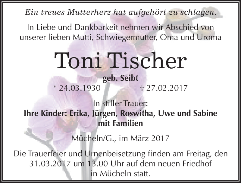  Traueranzeige für Toni Tischer vom 11.03.2017 aus Mitteldeutsche Zeitung Merseburg/Querfurt
