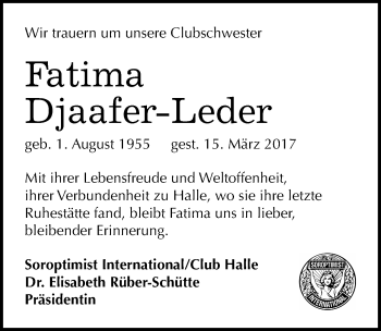 Traueranzeige von Fatima Djaafer-Leder von Mitteldeutsche Zeitung Halle/Saalkreis
