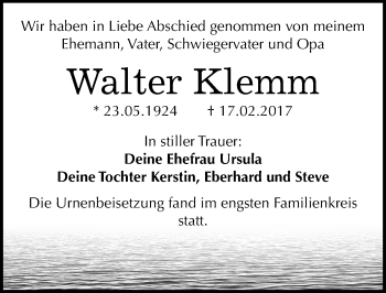 Traueranzeige von Walter Klemm von Mitteldeutsche Zeitung Halle/Saalkreis