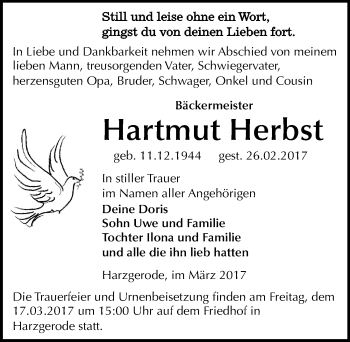 Traueranzeige von Hartmut Herbst von Mitteldeutsche Zeitung Quedlinburg