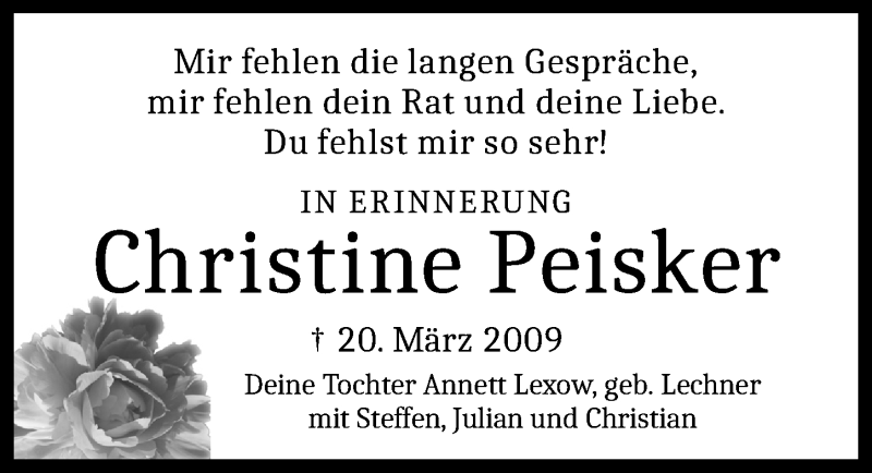  Traueranzeige für Christine Peisker vom 20.03.2017 aus Mitteldeutsche Zeitung Naumburg/Nebra
