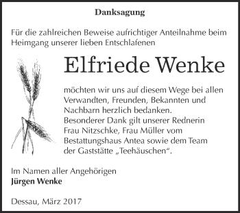 Traueranzeige von Elfriede Wenke von WVG - Wochenspiegel Dessau / Köthen