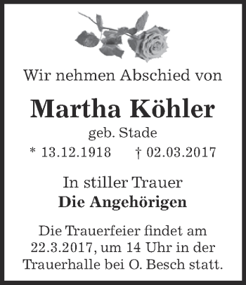 Traueranzeige von Martha Köhler von WVG - Wochenspiegel Dessau / Köthen
