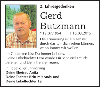 Traueranzeige von Gerd Butzmann von Mitteldeutsche Zeitung Wittenberg