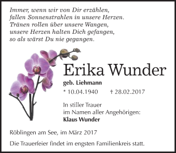 Traueranzeige von Erika Wunder von Mitteldeutsche Zeitung Mansfelder Land