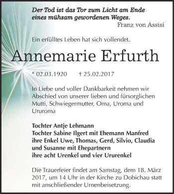 Traueranzeige von Annemarie Erfurth von WVG - Wochenspiegel NMB / WSF / ZTZ