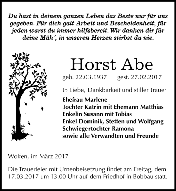 Traueranzeige von Horst Abe von Mitteldeutsche Zeitung Bitterfeld