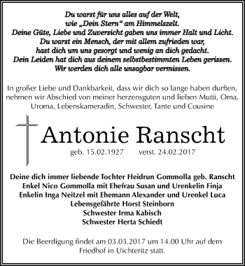 Traueranzeige von Antonie Ranscht von Mitteldeutsche Zeitung Weißenfels