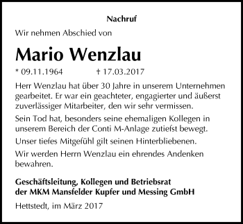 Traueranzeige von Mario Wenzlau von Mitteldeutsche Zeitung Mansfelder Land