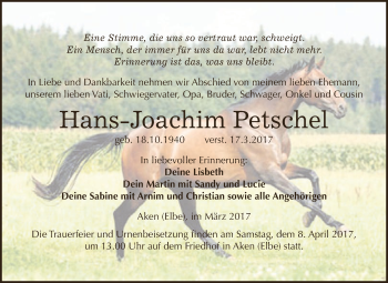 Traueranzeige von Hans-Joachim Petschel von WVG - Wochenspiegel Dessau / Köthen