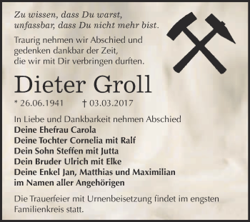 Traueranzeige von Dieter Groll von WVG - Wochenspiegel Bitterfeld