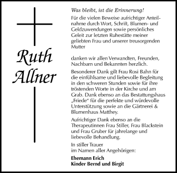 Traueranzeige von Ruth Allner von Mitteldeutsche Zeitung Dessau-Roßlau