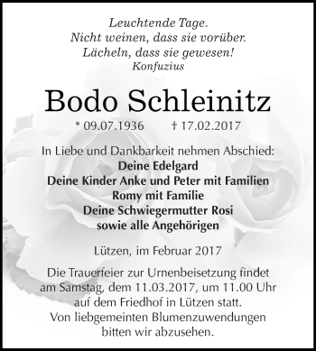 Traueranzeige von Bodo Schleinitz von WVG - Wochenspiegel NMB / WSF / ZTZ