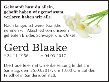 Traueranzeige von Gerd Blaake von Mitteldeutsche Zeitung Bitterfeld