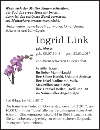 Traueranzeige von Ingrid Link von Mitteldeutsche Zeitung Naumburg/Nebra