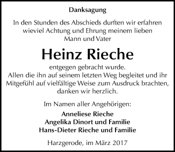 Traueranzeige von Heinz Rieche von Mitteldeutsche Zeitung Quedlinburg