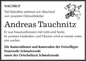 Traueranzeige von Andreas Tauchnitz von Mitteldeutsche Zeitung Mansfelder Land