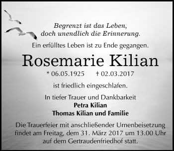 Traueranzeige von Rosemarie Kilian von Mitteldeutsche Zeitung Halle/Saalkreis