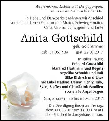Traueranzeige von Anita Gottschild von Super Sonntag SGH Mansf. Land