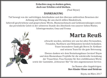 Traueranzeige von Marta Reuß von Super Sonntag SGH Mansf. Land