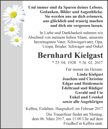 Traueranzeige von Bernhard Kielgast von Mitteldeutsche Zeitung Sangerhausen