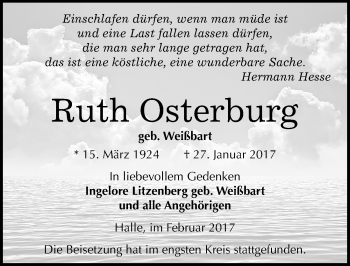 Traueranzeige von Ruth Osterburg von Mitteldeutsche Zeitung Halle/Saalkreis