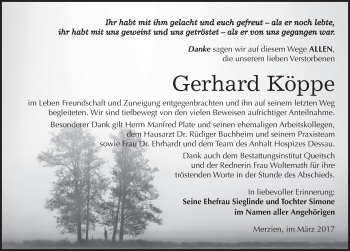 Traueranzeige von Gerhard Köppe von Mitteldeutsche Zeitung Köthen