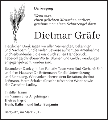 Traueranzeige von Dietmar Gräfe von Super Sonntag Wittenberg