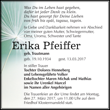 Traueranzeige von Erika Pfeiffer von Super Sonntag SGH Mansf. Land