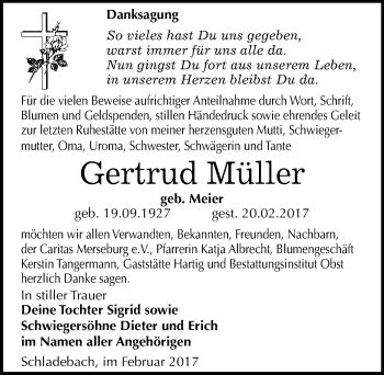 Traueranzeige von Gertrud Müller von Mitteldeutsche Zeitung Merseburg/Querfurt