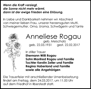 Traueranzeige von Anneliese Rogau von Mitteldeutsche Zeitung Bernburg