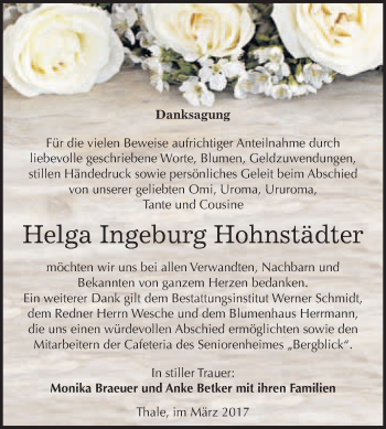Traueranzeige von Helga Ingeburg Hohnstädter von Super Sonntag Quedlinburg