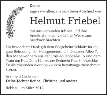 Traueranzeige von Helmut Friebel von WVG - Wochenspiegel Bitterfeld