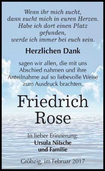 Traueranzeige von Friedrich Rose von WVG - Wochenspiegel Dessau / Köthen