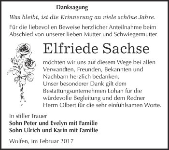 Traueranzeige von Elfriede Sachse von WVG - Wochenspiegel Bitterfeld