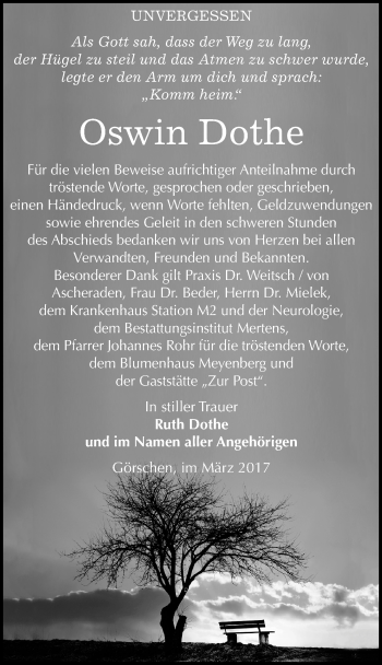 Traueranzeige von Oswin Dothe von Mitteldeutsche Zeitung Naumburg/Nebra
