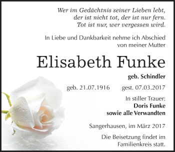 Traueranzeige von Elisabeth Funke von Mitteldeutsche Zeitung Sangerhausen