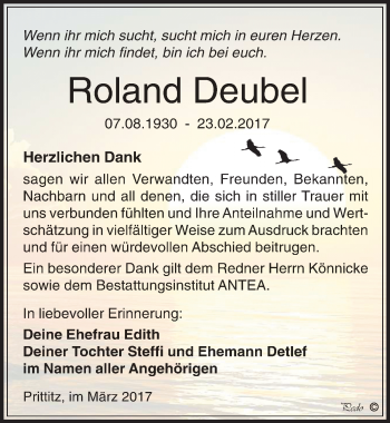 Traueranzeige von Roland Deubel von Mitteldeutsche Zeitung Weißenfels