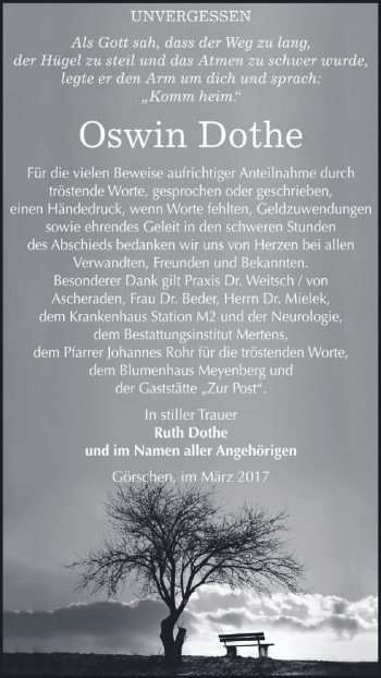 Traueranzeige von Oswin Dothe von WVG - Wochenspiegel NMB / WSF / ZTZ