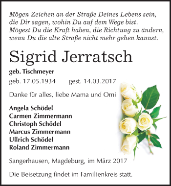 Traueranzeige von Sigrid Jerratsch von Mitteldeutsche Zeitung Sangerhausen